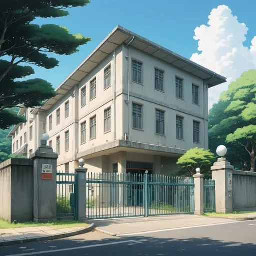 Prompt: 2d studio ghibli anime style, modern school campus, on a calm morning, two storey building, front gate with concrete fence