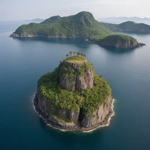 Prompt: An small round forested isolated island completely surrounded by small cliffs from the sea and a mountain in the center