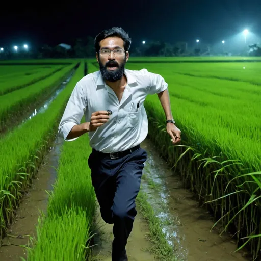 Prompt: A man (scientist) running through a paddy field. There is a glass based instrument in his hand. It is night time. Police is chasing. He has beard. 