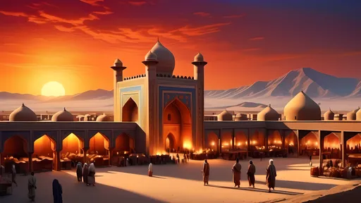 Prompt: (vibrant depiction of the ancient Silk Road in Uzbekistan), rich red tones, intricate textile patterns, glowing sunset casting warm light over historic caravanserais, expansive desert landscape, distant mountains silhouetted against the horizon, bustling market scenes with merchants and travelers, intricate details and features showcasing the depth of cultural heritage, (highly detailed), (4K resolution), immersive and evocative ambiance reflecting the spirit of adventure and trade.