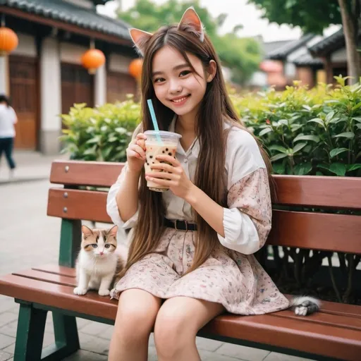 Prompt: a cheerful girl with long hair and fancy clothes sitting on a bench drinking boba, with a cute cat sitted beside her