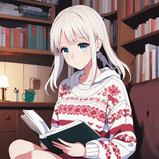 Prompt: an anime girl with pretty eyes, wearing a cute sweater, reading