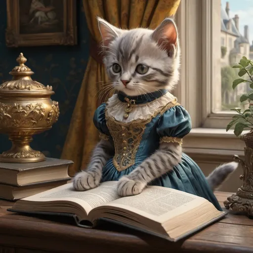 Prompt: 1 kitten dressed gentry dress, 1800, reading a book, traveling France, tree, mansion, vibrant, grim, romantic, hystorical, intricate details, hyperdetailed, 4k, painting, trending on artstation