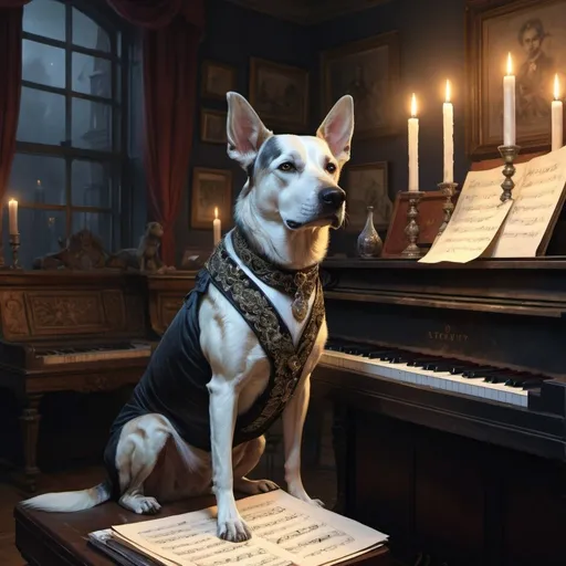 Prompt: dog dressed gentry standing by the piano, vibrant, grim, hystorical, intricate details, note sheets, ink, paper, chimney, candles, glow, hyperdetailed, 4k, painting, trending on artstation