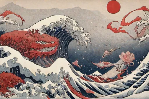 Prompt: Hohokusai, illustarition, Sadako, clif, sea shells, waves, foam, fish, red mountains, white background, grim hyperdetailed, ink 8k, painting, trending on artstation