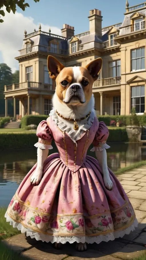 Prompt: dog in a dress gentry, 1800, traveling England, lake, mansion, vibrant, grim, romantic, hystorical, intricate details, hyperdetailed, 4k, painting, trending on artstation