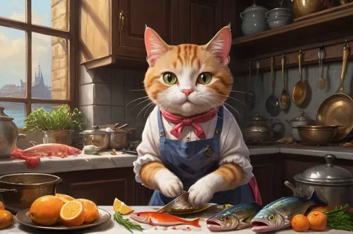 Prompt: 1 cat  in an apron cooking,store, kitchen, fish, 1880,  fat orslim, Europe, Asia, mansion, vibrant, glow,  romantic, hystorical, intricate details, hyperdetailed, 4k, painting, trending on artstation