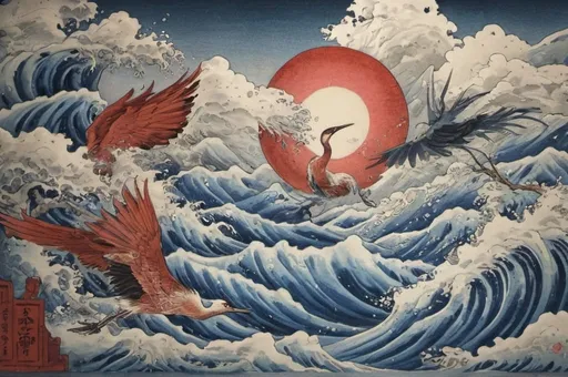 Prompt: Hohokusai, illustarition, blue cranes, wwaves, foam, fish, red mountains, hyperdetailed, ink 8k, painting, trending on artstation