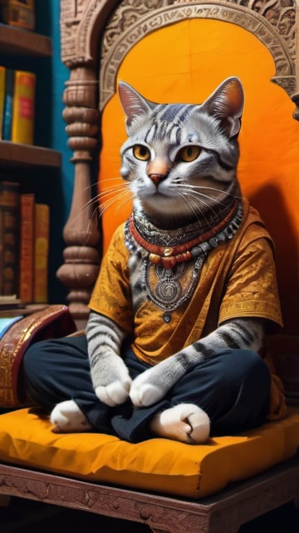 Prompt: a cat dresssed as a tourist traveling India, meditating, vibrant, hystorical, grim intricate details, books, ink, paper, hyperdetailed, 4k, painting, trending on artstation