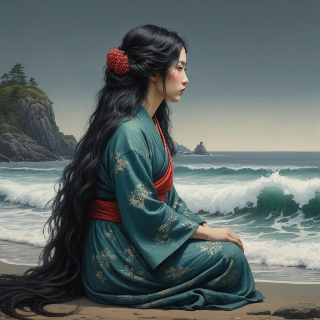 Prompt: Hokusai, Shishkin, Vereshchagin, full body profile portrait of a woman with long black hair, dressed royal, grim, sea side, sitting, red, blue, green, dark, grim, horror, hyperdetailed, ink 8k, hd, painting, trending on artstation 