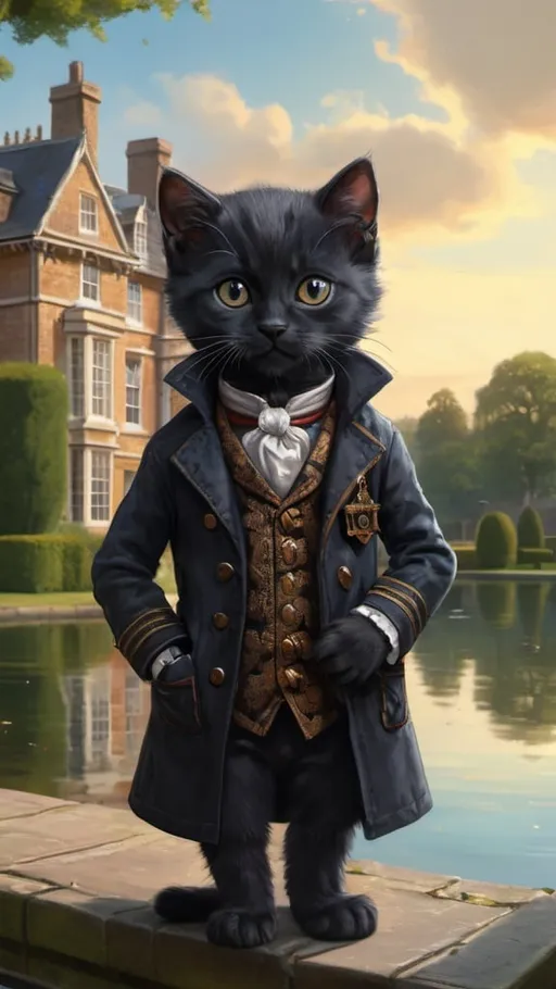 Prompt: 
Prompt

1 black kitten dressed gentry doctor, 1800, traveling England, lake, mansion, vibrant, grim, romantic, hystorical, intricate details, hyperdetailed, 4k, painting, trending on artstation