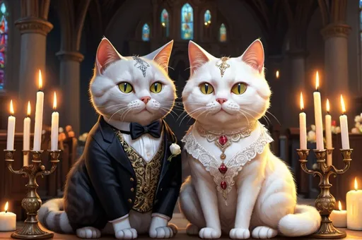 Prompt: cat wedding dressed, fat and slim, church, mansion, vibrant, grim, glow, romantic, candles, hystorical, intricate details, hyperdetailed, 4k, painting, trending on artstation