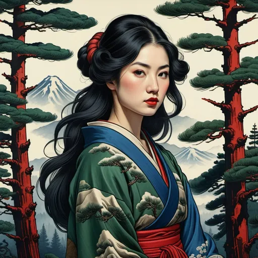 Prompt: Hokusai, Shishkin's pine trees, full body portrait of a woman with long black hair red, royal, blue, green, panoramic view, top down view, dark, grim, horror, hyperdetailed, ink 8k, hd, painting, trending on artstation 