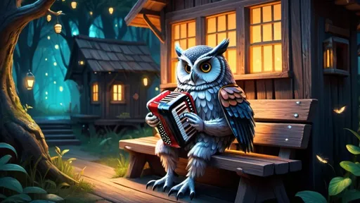 Prompt: an owl dressed playing accordion, sitting on a bench by a hut, fantasy forest, tree house, 
mire down bellow,  vibrant, grim, intricate details, fireflies,  glow, hyperdetailed, 4k, painting, trending on artstation