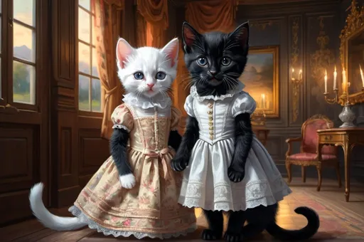 Prompt: 2 black kittens dressed gentry and 1 white kitten in a dress, 1800, raveling England, France, lake, glow, mansion, vibrant, grim, romantic, hystorical, intricate details, hyperdetailed, 4k, painting, trending on artstation