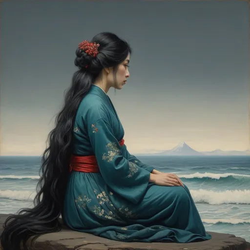 Prompt: Hokusai, Shishkin, Vereshchagin, full body oil, full body profile portrait of a woman with long black hair, dressed royal, grim, facing sea side, sitting, red, blue, green, dark, grim, horror, hyperdetailed, ink 8k, hd, painting, trending on artstation 