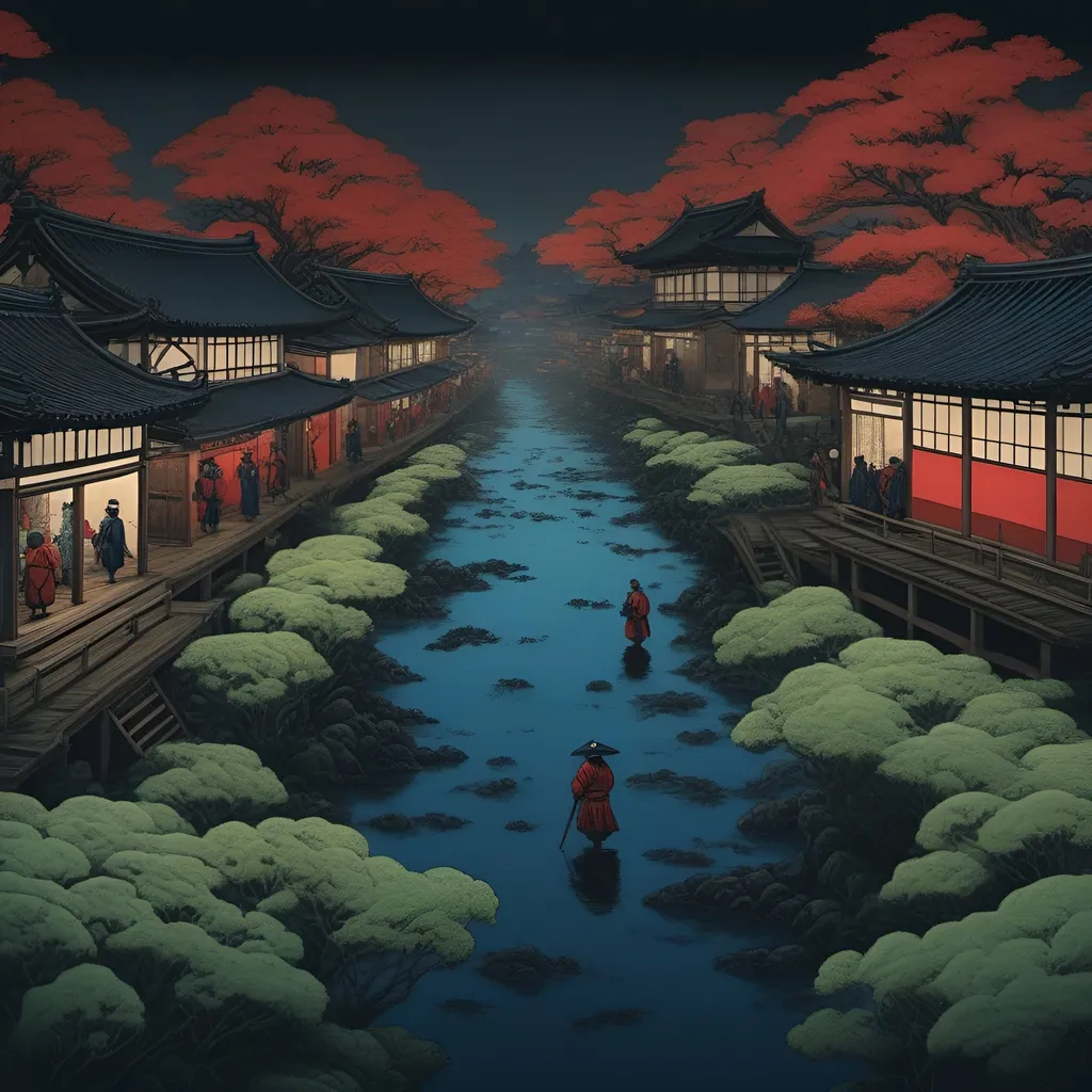 Prompt: Hokusai, marketplace, guards, silhouettes, red, blue, green, seaweed, algae, top dow view, dark, panorama, grim, horror, hyperdetailed, ink 8k, hd, painting, trending on artstation 