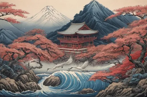 Prompt: Hohokusai, illustarition, blue cranes, red mountains, hut, hyperdetailed, ink 8k, painting, trending on artstation