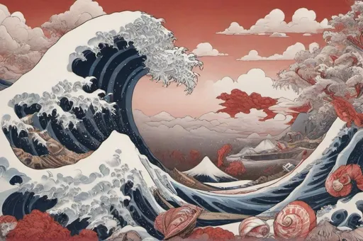 Prompt: Hohokusai, illustarition, Sadako, clif, sea shells, waves, foam, red mountains, white background, grim hyperdetailed, ink 8k, painting, trending on artstation