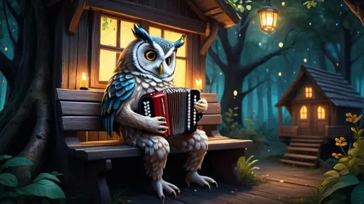 Prompt: an owl dressed playing accordion, sitting on a bench by a hut, fantasy forest, tree house, 
mire down bellow,  vibrant, grim, intricate details, fireflies,  glow, hyperdetailed, 4k, painting, trending on artstation