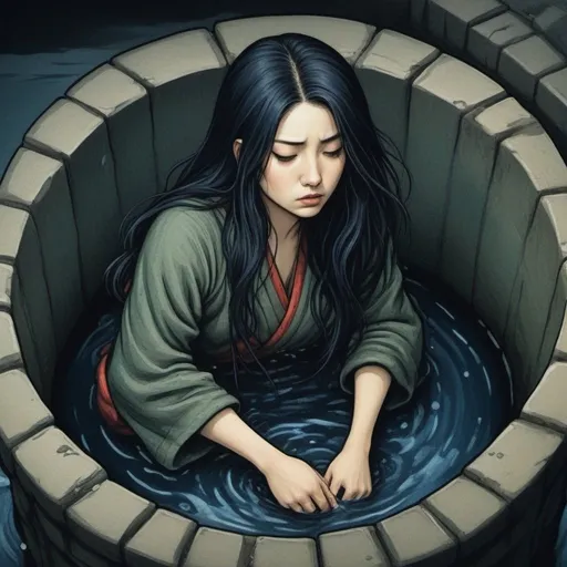 Prompt: Hokusai, woman with long black hair getting out of a well, red, blue, green, seaweed, algae, top dow view, dark, grim, horror, hyperdetailed, ink 8k, hd, painting, trending on artstation
Negative prompt