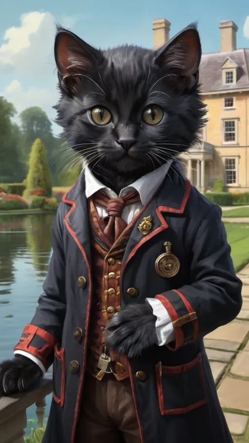 Prompt: 
Prompt

1 black kitten dressed gentry doctor, 1800, traveling England, lake, mansion, vibrant, grim, romantic, hystorical, intricate details, hyperdetailed, 4k, painting, trending on artstation