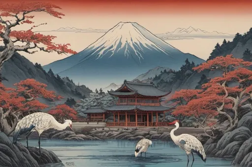 Prompt: Hohokusai, illustarition, blue cranes, red mountains, hut, hyperdetailed, ink 8k, painting, trending on artstation