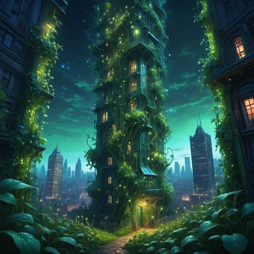 Prompt: looking down beanstalk like as if is a skyscraper, fantasy field, vibrant, grim, intricate details, fireflies, green and blue glow, hyperdetailed, 4k, painting, trending on artstation