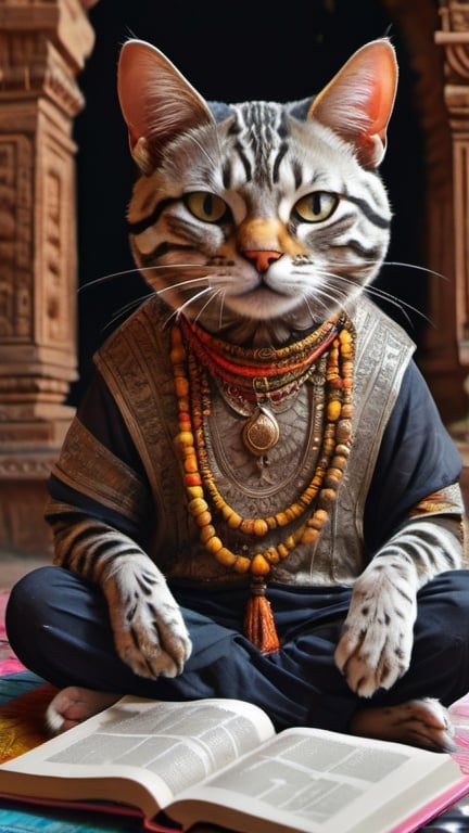 Prompt: a cat dresssed as a tourist traveling India, meditating, vibrant, hystorical, grim intricate details, books, ink, paper, hyperdetailed, 4k, painting, trending on artstation