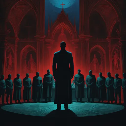 Prompt: altar,  silhouettes of people guard suits,  red, blue, green, top dow view, dark, panorama, grim, horror, hyperdetailed, ink 8k, hd, painting, trending on artstation 