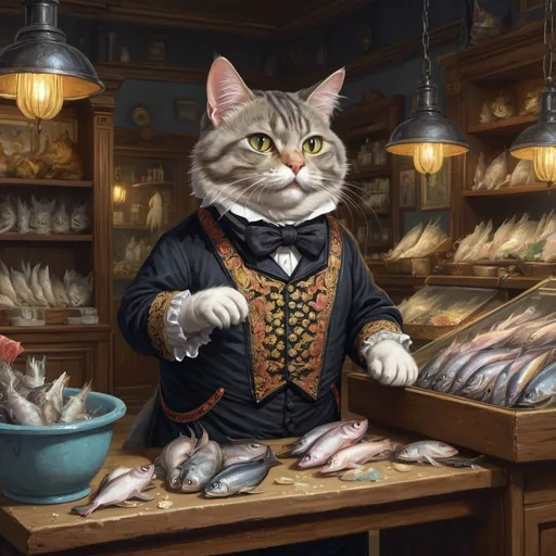 Prompt: 1 cat dressed in an aprone working in a store, cuttung fish, goth, 1880,  fat orslim, Europe, Asia, mansion, vibrant, glow,  romantic, hystorical, intricate details, hyperdetailed, 4k, painting, trending on artstation