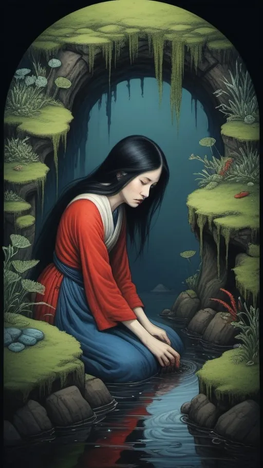 Prompt: Hocusai illustarition of woman with black long hair covering, red, blue, white, green, seaweed, algae, dark, in a well, grim, horror, hyperdetailed, ink 8k, hd, painting, trending on artstation