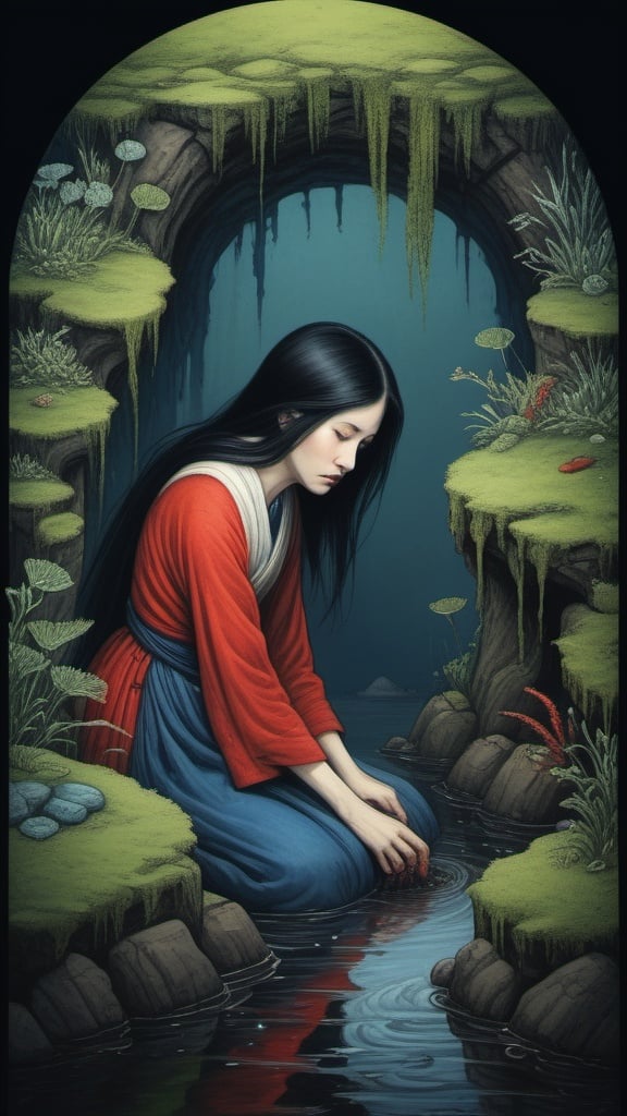 Prompt: Hocusai illustarition of woman with black long hair covering, red, blue, white, green, seaweed, algae, dark, in a well, grim, horror, hyperdetailed, ink 8k, hd, painting, trending on artstation