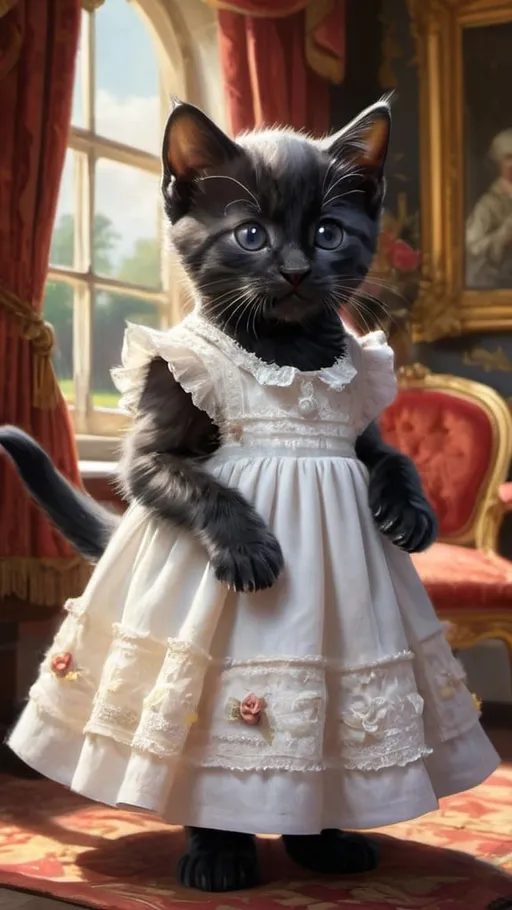 Prompt: 
Prompt


3 kittens: 2 black male kittens dressed gentry, playng, swings, and 1 white kitten in a dress, 1800, raveling England, France, lake, glow, mansion, vibrant, grim, romantic, hystorical, intricate details, hyperdetailed, 4k, painting, trending on artstation