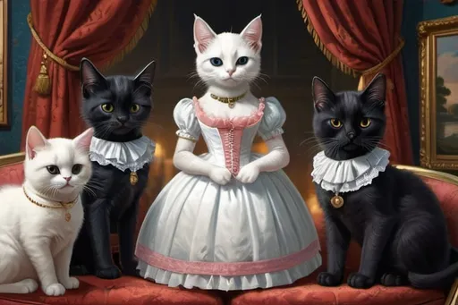 Prompt: black kittens and a white cat in a dress dressed gentry, 1800, France, fat and slim, lake, mansion, swing, vibrant, grim, glow, romantic, hystorical, intricate details, hyperdetailed, 4k, painting, trending on artstation