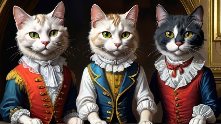 Prompt: cats dressed, 1700, traveling France, vibrant, grim, romantic, hystorical, intricate details, hyperdetailed, 4k, painting, trending on artstation