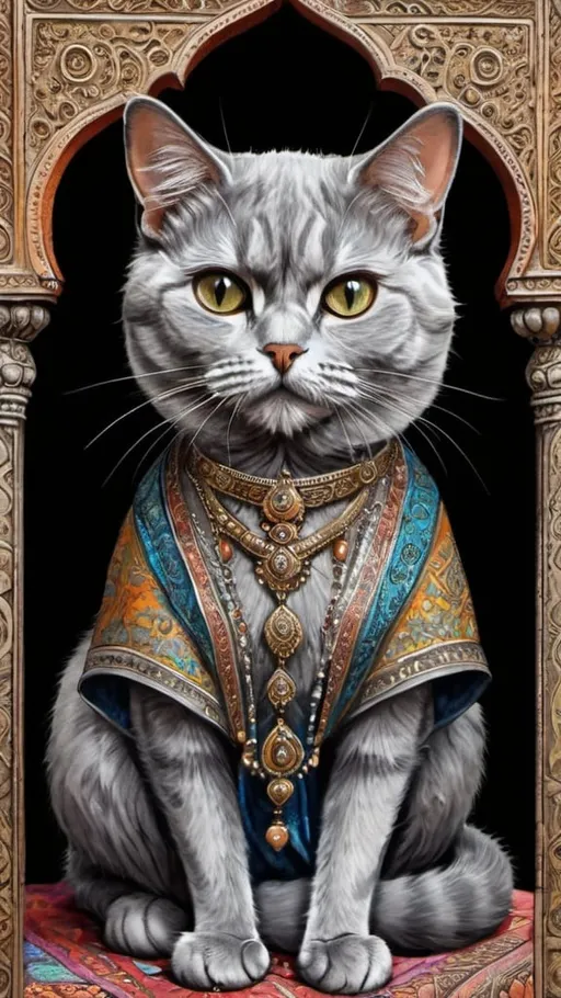 Prompt: persian grey female cat dresssed as a tourist traveling India, vibrant, hystorical, grim intricate details, books, ink, paper, hyperdetailed, 4k, painting, trending on artstation