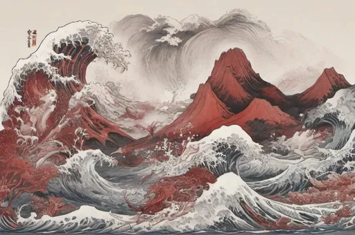 Prompt: Hohokusai, illustarition, Sadako, clif, sea shells, waves, foam, red mountains, white background, grim hyperdetailed, ink 8k, painting, trending on artstation