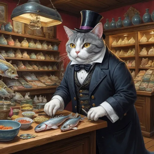Prompt: 1 cat dressed working in a store, cuttung fish, gentry, goth, 1880,  fat and slim, Europe, Asia, mansion, vibrant, glow,  romantic, hystorical, intricate details, hyperdetailed, 4k, painting, trending on artstation
