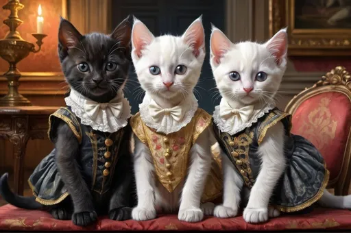 Prompt: 3 kittens: 2 black male kittens dressed gentry, and 1 white kitten in a dress, 1800, raveling England, France, lake, glow, mansion, vibrant, grim, romantic, hystorical, intricate details, hyperdetailed, 4k, painting, trending on artstation