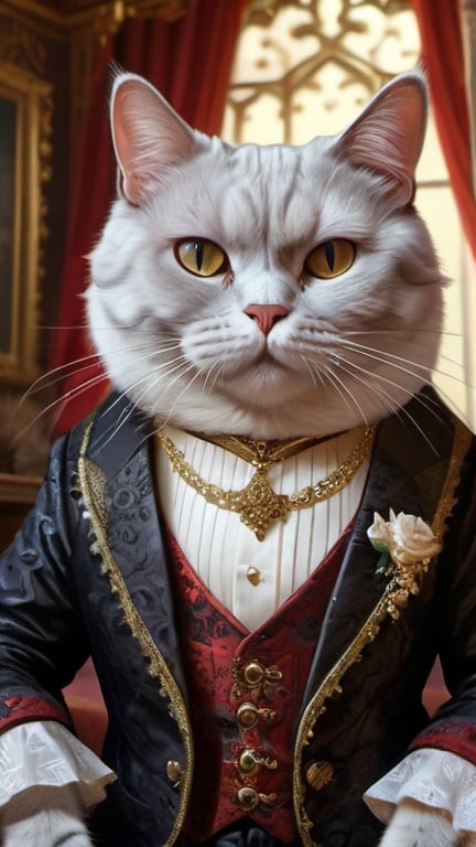 Prompt: cat dressed for wedding, gentry, goth, 1880,  fat and slim, lake, castle, Europe, Asia, mansion, swing, vibrant, grim, glow,  romantic, hystorical, intricate details, hyperdetailed, 4k, painting, trending on artstation