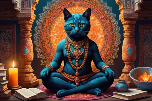 Prompt: a cats dresssed traveling India, meditating, vibrant, hystorical, grim intricate details, glow, mandala, books, ink, paper, hyperdetailed, 4k, painting, trending on artstation