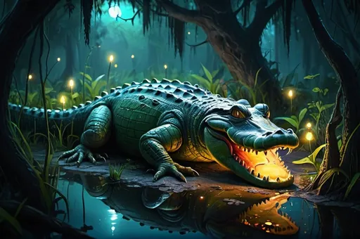 Prompt: an aligator, tree trank, fantasy forest,
swamp,  vibrant, grim, intricate details, fireflies,  glow, hyperdetailed, 4k, painting, trending on artstation