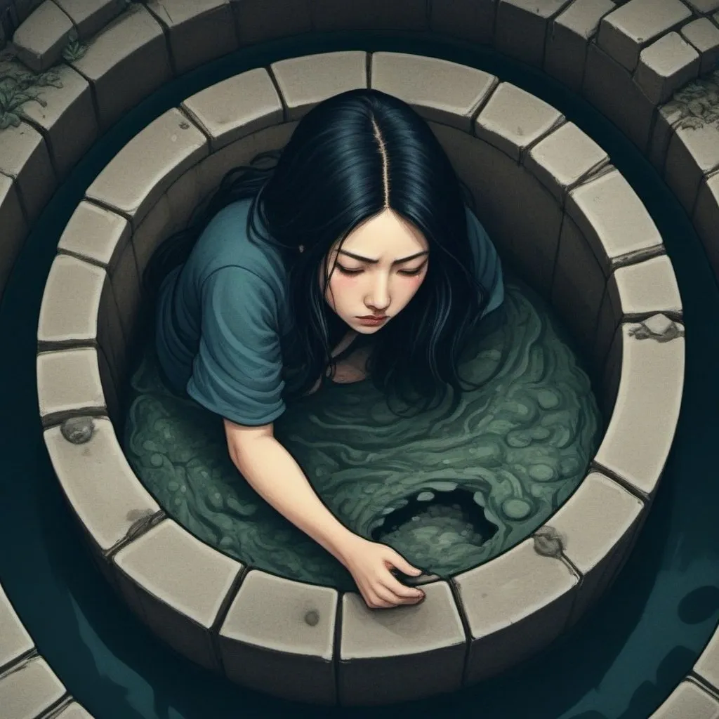 Prompt: Hokusai, woman with long black hair getting out of a well, red, blue, green, seaweed, algae, top dow view, dark, grim, horror, hyperdetailed, ink 8k, hd, painting, trending on artstation
Negative prompt