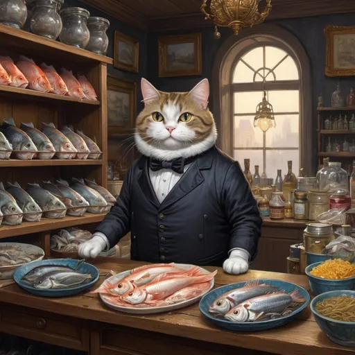 Prompt: 1 cat dressed working in a store, cuttung fish, gentry, goth, 1880,  fat and slim, Europe, Asia, mansion, vibrant, glow,  romantic, hystorical, intricate details, hyperdetailed, 4k, painting, trending on artstation