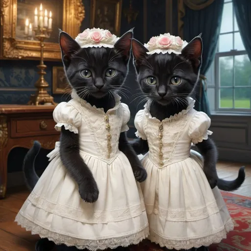 Prompt: 2 black kittens dressed gentry and 1 white kitten in a dress, 1800, head head pieces, raveling England, France, lake, glow, mansion, vibrant, grim, romantic, hystorical, intricate details, hyperdetailed, 4k, painting, trending on artstation