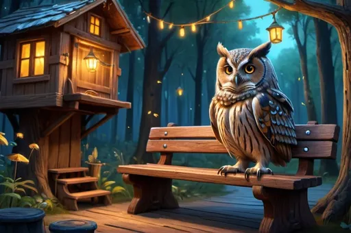 Prompt: an owl dressed playing accordion, sitting on a bench by a hut, fantasy forest, tree house, 
mire down bellow,  vibrant, grim, intricate details, fireflies,  glow, hyperdetailed, 4k, painting, trending on artstation