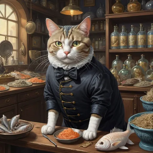 Prompt: 1 cat dressed in an aprone working in a store, cuttung fish, goth, 1880,  fat orslim, Europe, Asia, mansion, vibrant, glow,  romantic, hystorical, intricate details, hyperdetailed, 4k, painting, trending on artstation