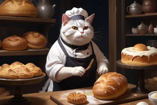 Prompt: cat dressed as a baker working in bakery, gentry, goth, 1880,  fat and slim, Europe, Asia, mansion, vibrant, grim, glow,  romantic, hystorical, intricate details, hyperdetailed, 4k, painting, trending on artstation