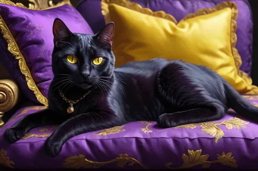 Prompt: black cat with yellow eyes casually  lying on a purple pillow, grape dressed royal, boudoir, vibrant, grim, hystorical, intricate details, hyperdetailed, 4k, painting, trending on artstation, cinematic